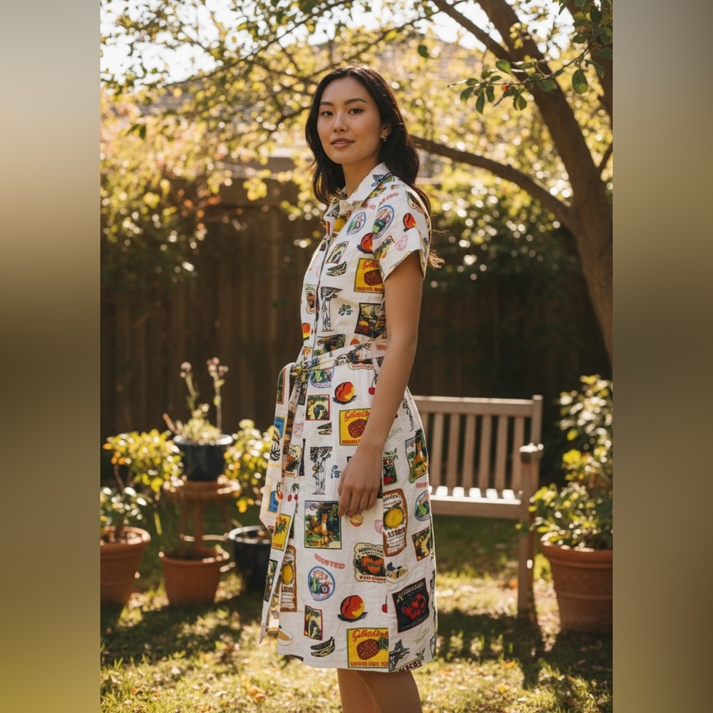 Jane and Delancey White Midi Shirt Dress with Colorful Patch Print